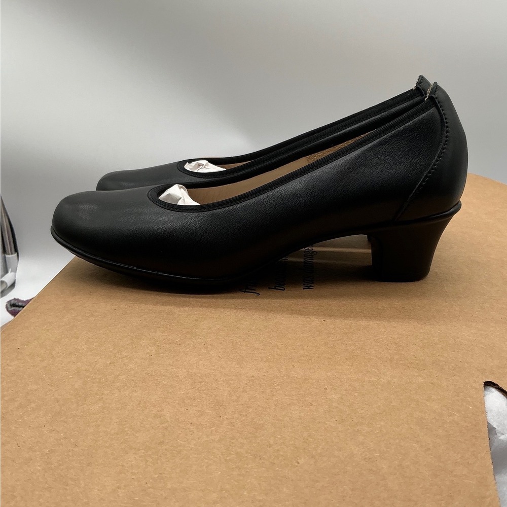 SAS Womens Black Leather Comfort Pumps Low Block Heel Made in USA Round Toe 7N - Picture 7 of 10
